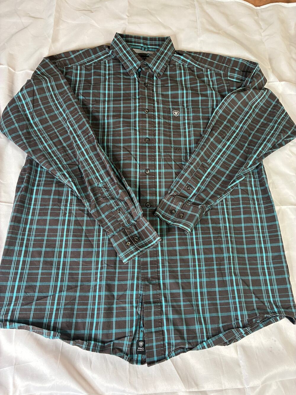 Ariat Pro Series Mens XLT Tall Western Shirt Brown Turquoise Plaid Snap L/S